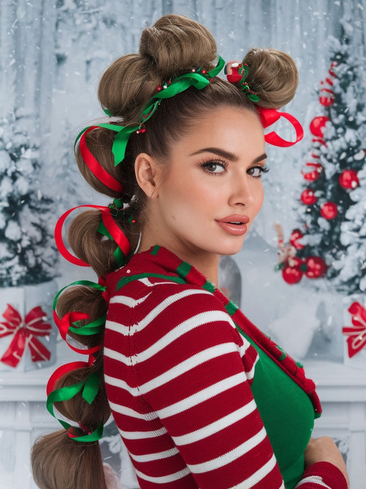 Bubble-Ponytail-With-Holiday-Ribbons