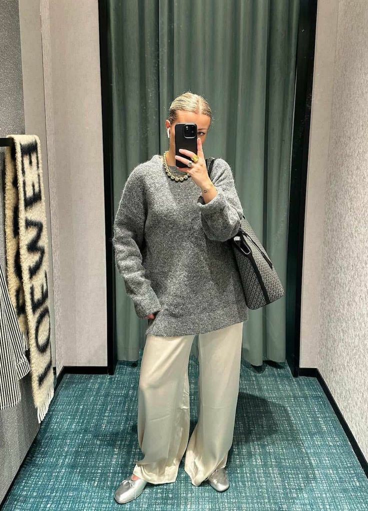 Chunky- Knit- Sweater- Paired -with- Silk- Palazzo- Pants