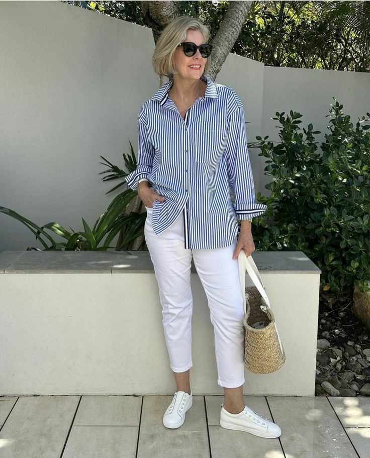 Blue -and -White- Striped -Shirt -with -Chinos-old-money-outfit-ideas-for-ladies