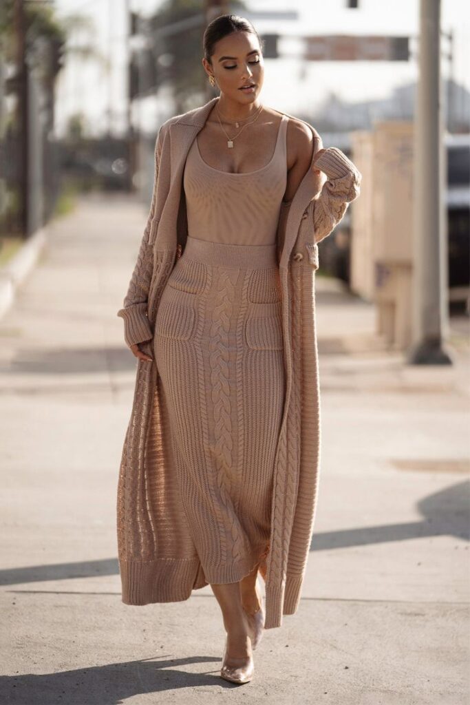 Cable-Knit -Sweater- Over -a- Midi- Skirt-