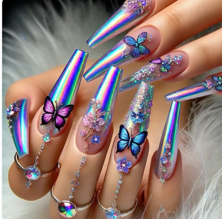 Holographic -Butterfly- Accents-Baddie-Nail-Idea