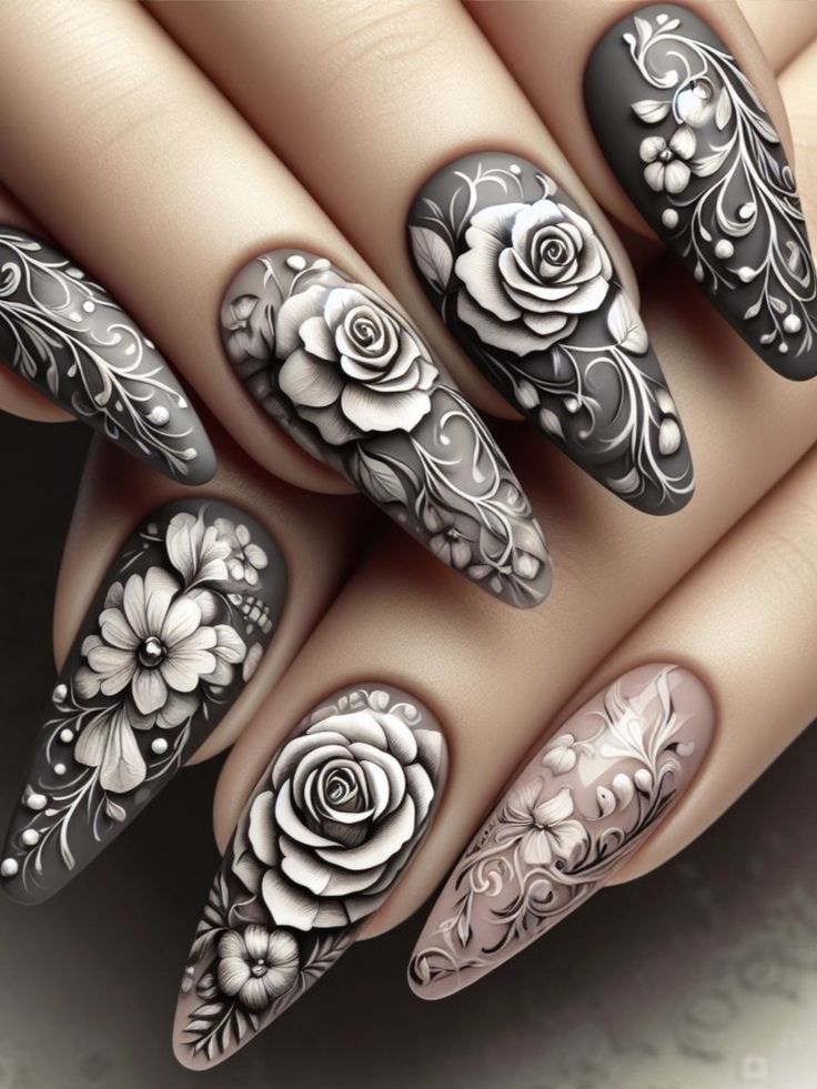 The-image-shows-Monochromatic -Floral- Nails