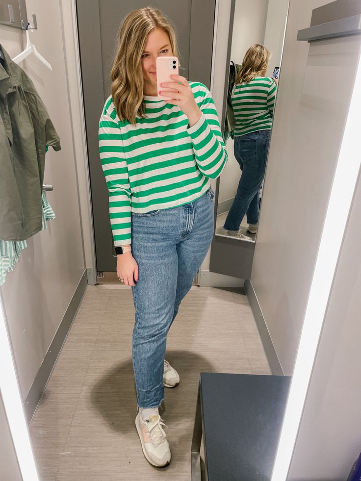 Gree- and-White-Striped-Tee-with-Overalls