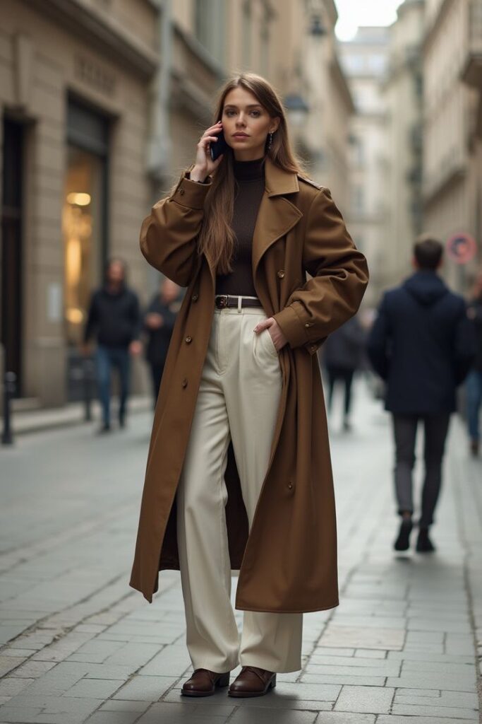 Tailored -Camel- Trench -Coat- and- Cream -Wide-Leg- Pants