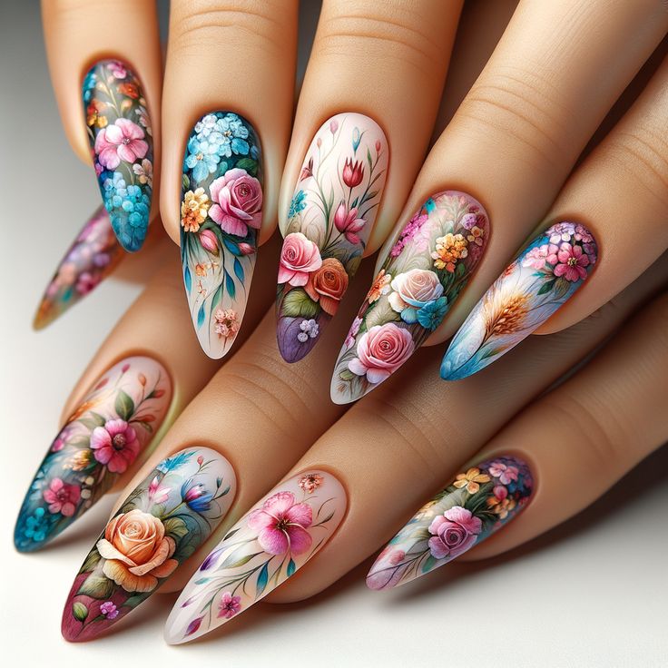 Watercolor- Floral- Nail-Designs