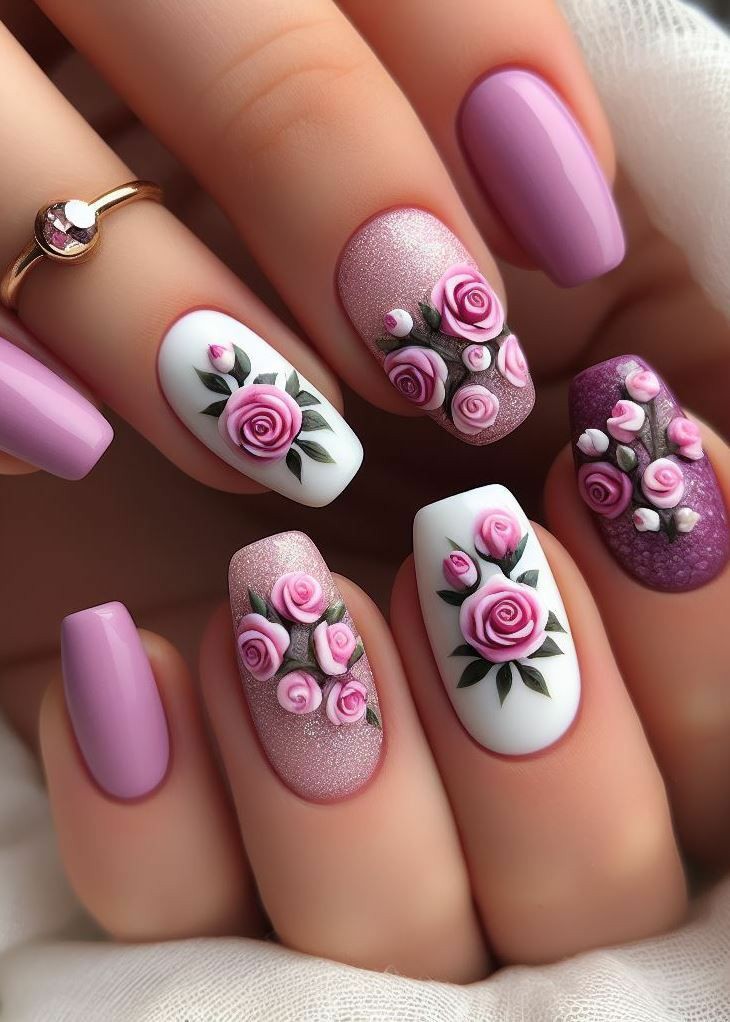Watercolor- Roses-Summer-Nail-Designs