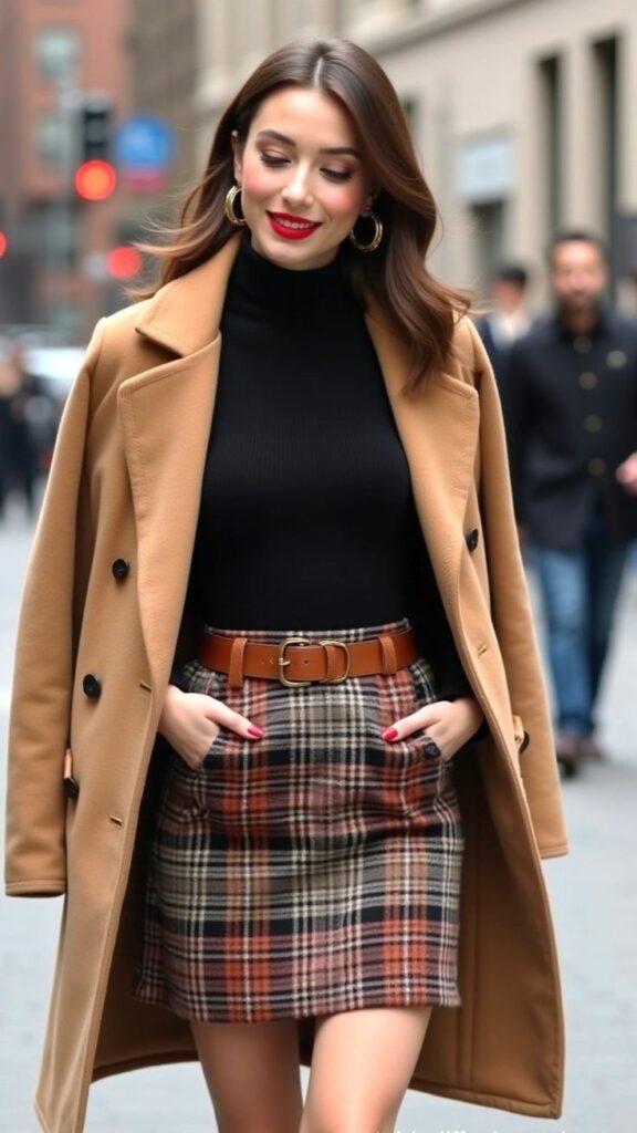 The-image-shows-a-lady-wearing-Plaid -A-Line -Skirt- Styled- with -a -Turtleneck- and -a -Classic -Overcoat