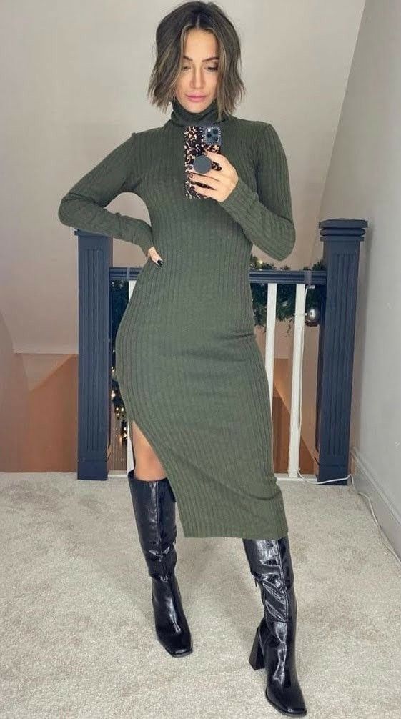 Knit-Green-Dress-with-Tall-Boots
