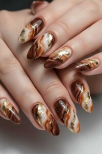 Caramel-Brown-Nails-with-Gold-Leaf