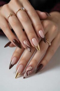 Chocolate-Brown-Nails-with-Gold-3D-Lines.