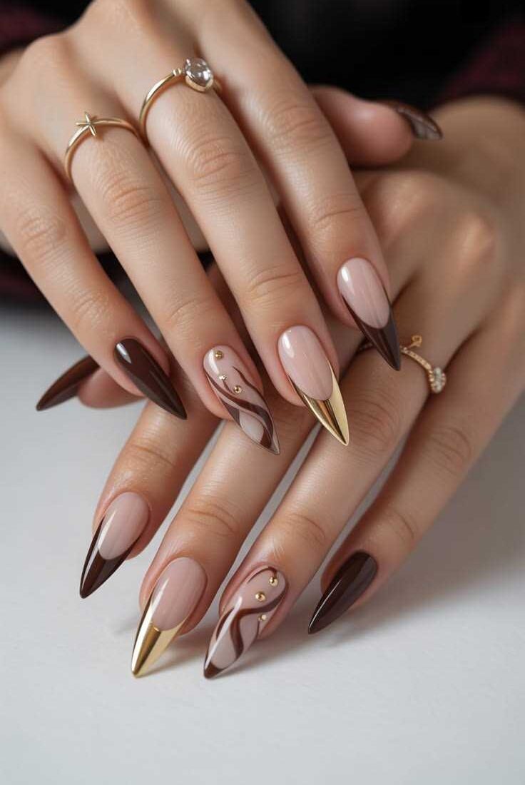 Chocolate-Brown-Nails-with-Gold-3D-Lines.