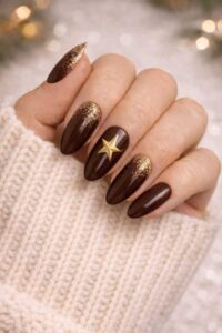 Cocoa-Brown-Nails-with-Gold-Star-Charms.