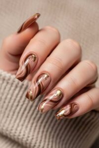 Coffee-Brown-Nails-with-3D-Gold-Swirls.