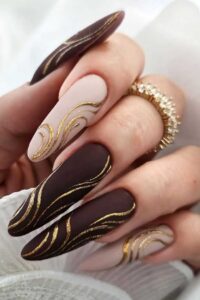 Dark-Brown-Nails-with-Gold-Gemstones.
