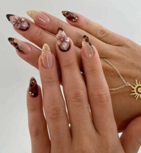 Glossy-Brown-Nails-with-3D-Gold-Flowers