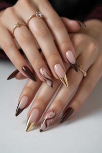 Mocha-Brown-Nails-with-Gold-3D-Waves.
