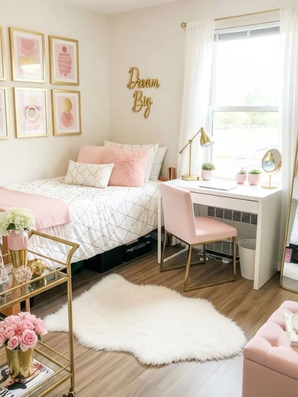 Beautiful-Pink-and-Gold-Dorm-Room-Decor