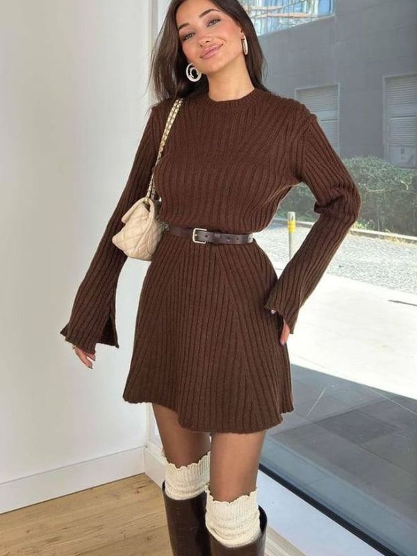 Brown-Knit-Dress-with-Knee-High-Boots