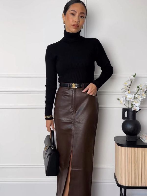 Brown-Turtleneck-with-a-Satin-Midi-Skirt.