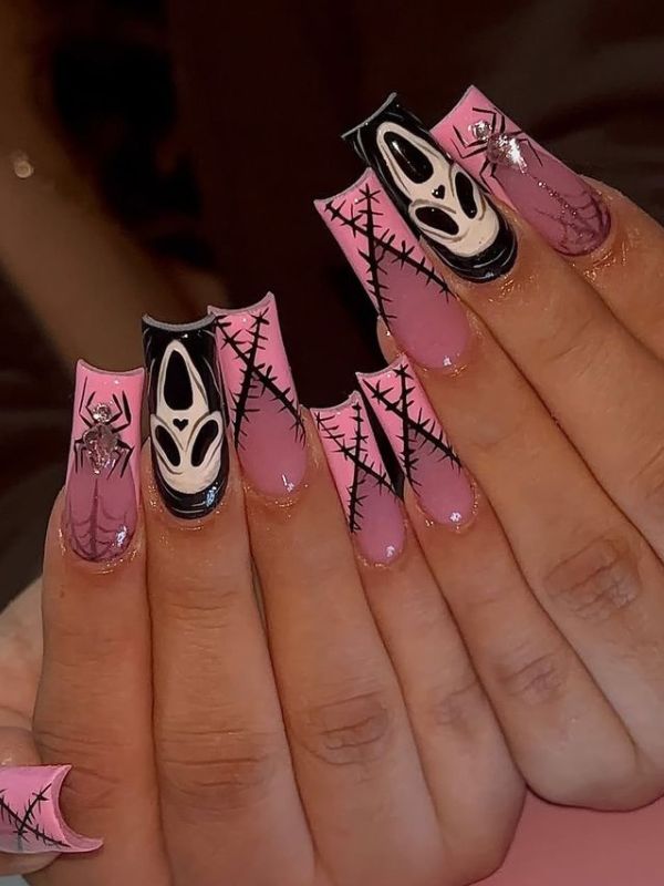 Pink-Scream-Face-Accent-Nails