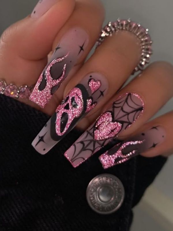 Spooky-Black-and-Pink-Scream-Nails-Art-to-Try-on-This-Halloween
