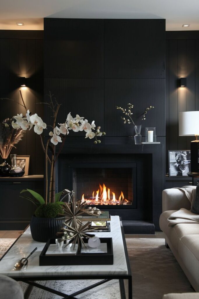 Stylish-Fireplace-with-Black-Accent-Wall