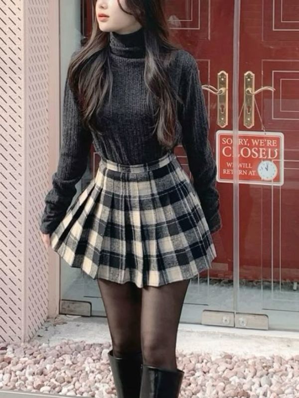 Turtleneck-Sweater-with-Plaid-Skirt.