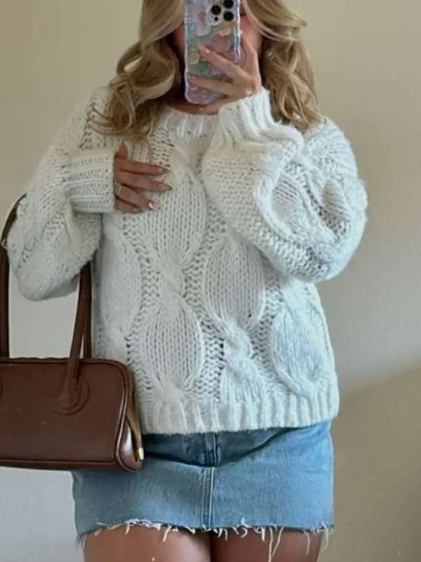 White-Cable-Knit-Sweater-with-Denim-Skirt