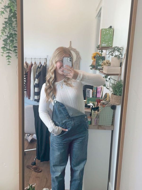 White-Sweater-with-Denim-Overalls