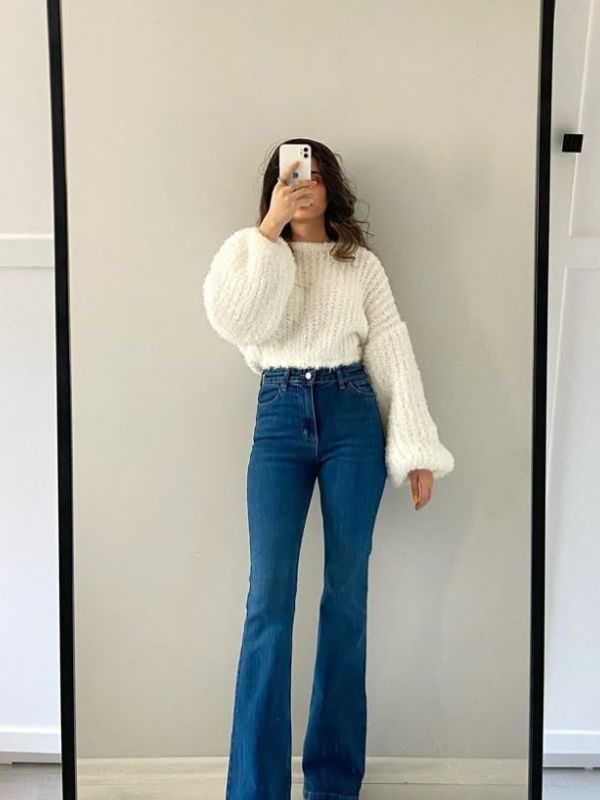 White-Sweater-with-Flared-Jeans
