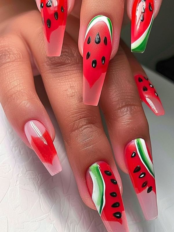 colorful-watermelon-inspired-french-tip-manicure. 