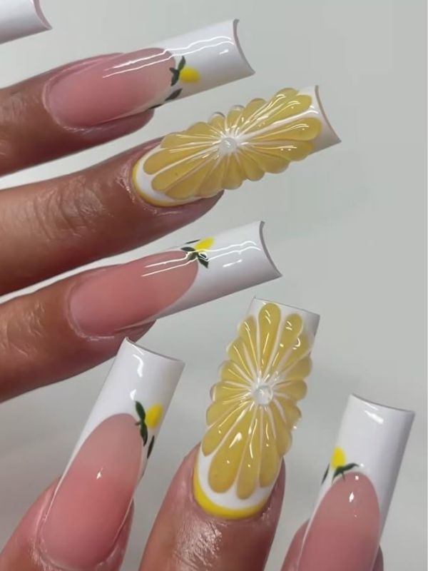 cute-3D-lemon-nails-with-tiny-green-leaves.