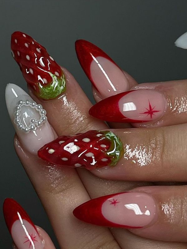cute-manicure-strawberry-nail-art-on-a-glossy-nude-base.