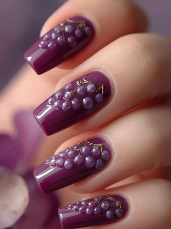 cute-purple-grape-nail-art-with-tiny-green-leaves.