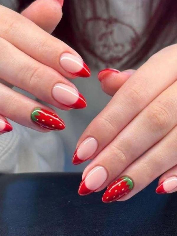 cute-strawberry-and-cherry-nail-art-on-a-soft-pink-base. 