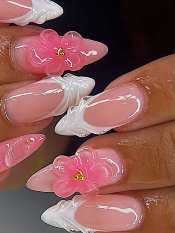 nude-nails-with-delicate-3D-peach-decoration.