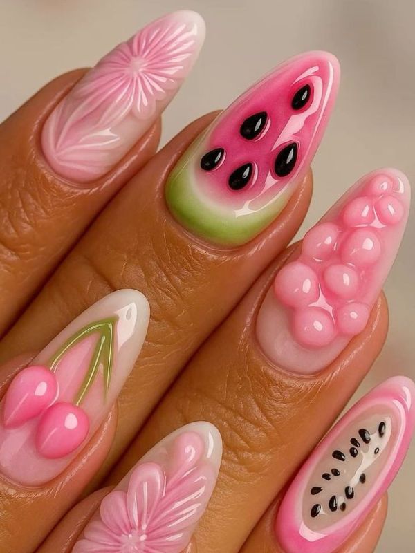 tiny-3D-fruit-decoration-on-a-soft-nude-manicure.