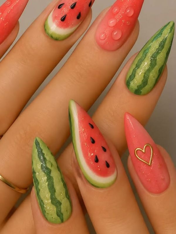 tiny-watermelon-slices-with-pink-and-green-nail-art.