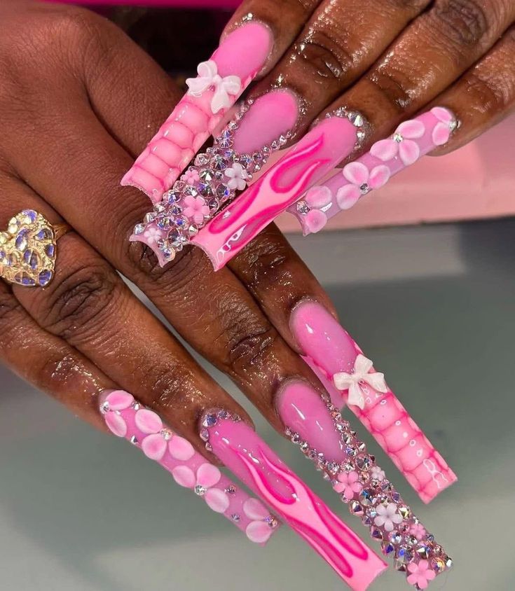 Girly-Pink-Acrylic-Birthday-Nails