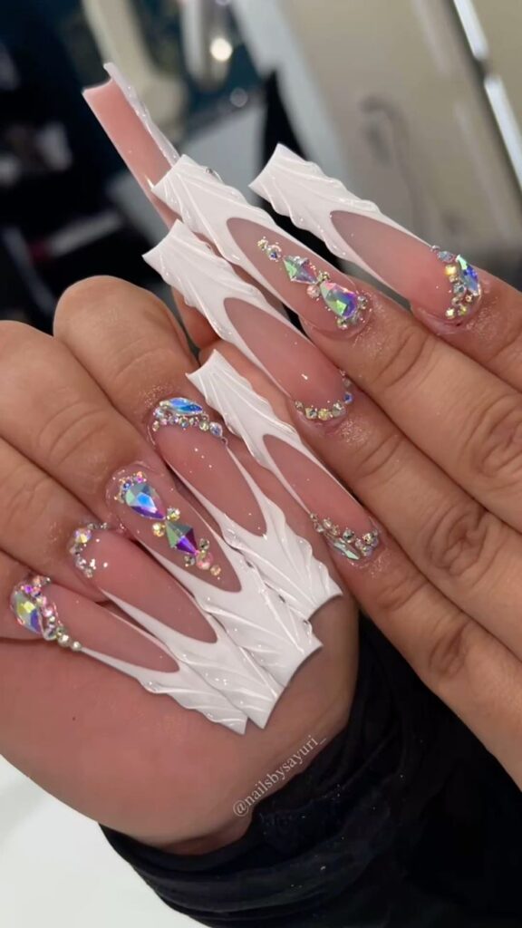 Long-White-Birthday-Nails-With-Rhinestones