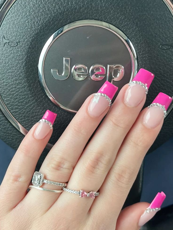 Pink-French-Tips-With-Tiny-Gems