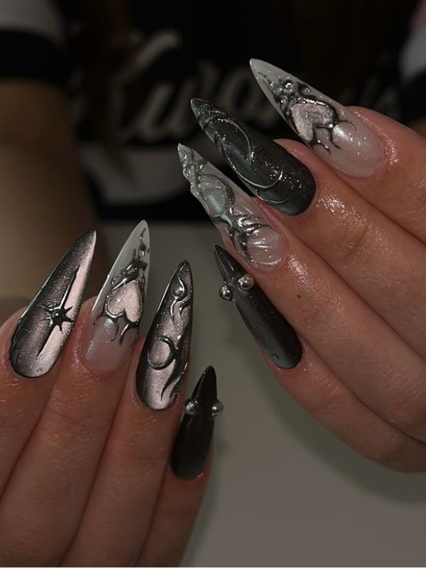 Black-and-Silver-Y2K-Goth-Nails