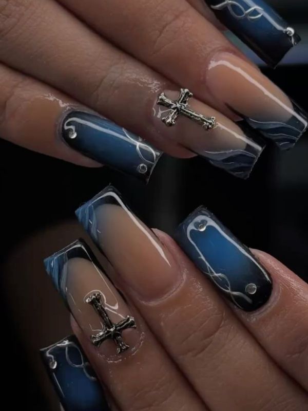Blue-Gothic-Nails-With-Cross-Details.