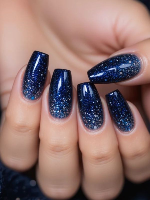 Dark-Blue-Nails-With-Glitter-Tips.