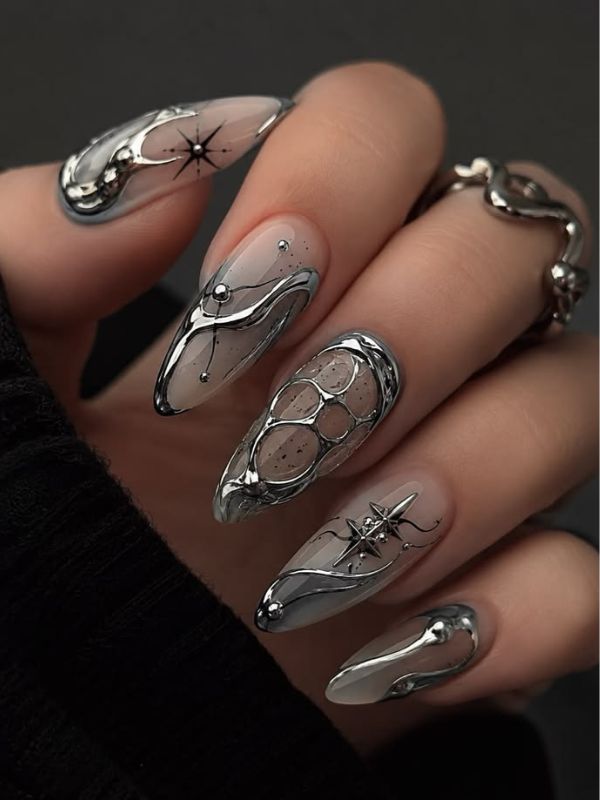 Goth-Nails-With-Silver-Stars.